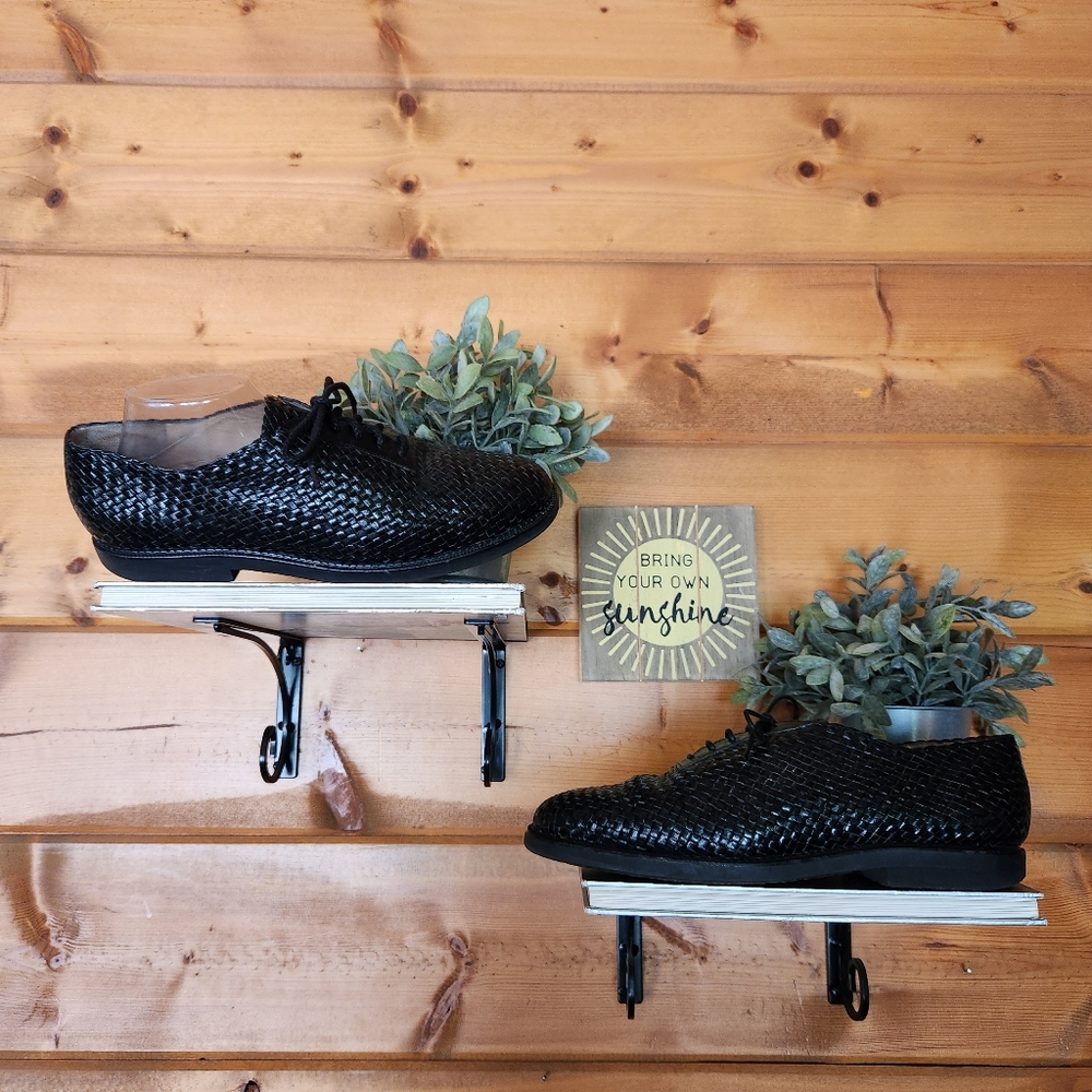Susan Bennis Warren Edwards Vintage Black Basketweave Leather Oxford Shoes Sz 10